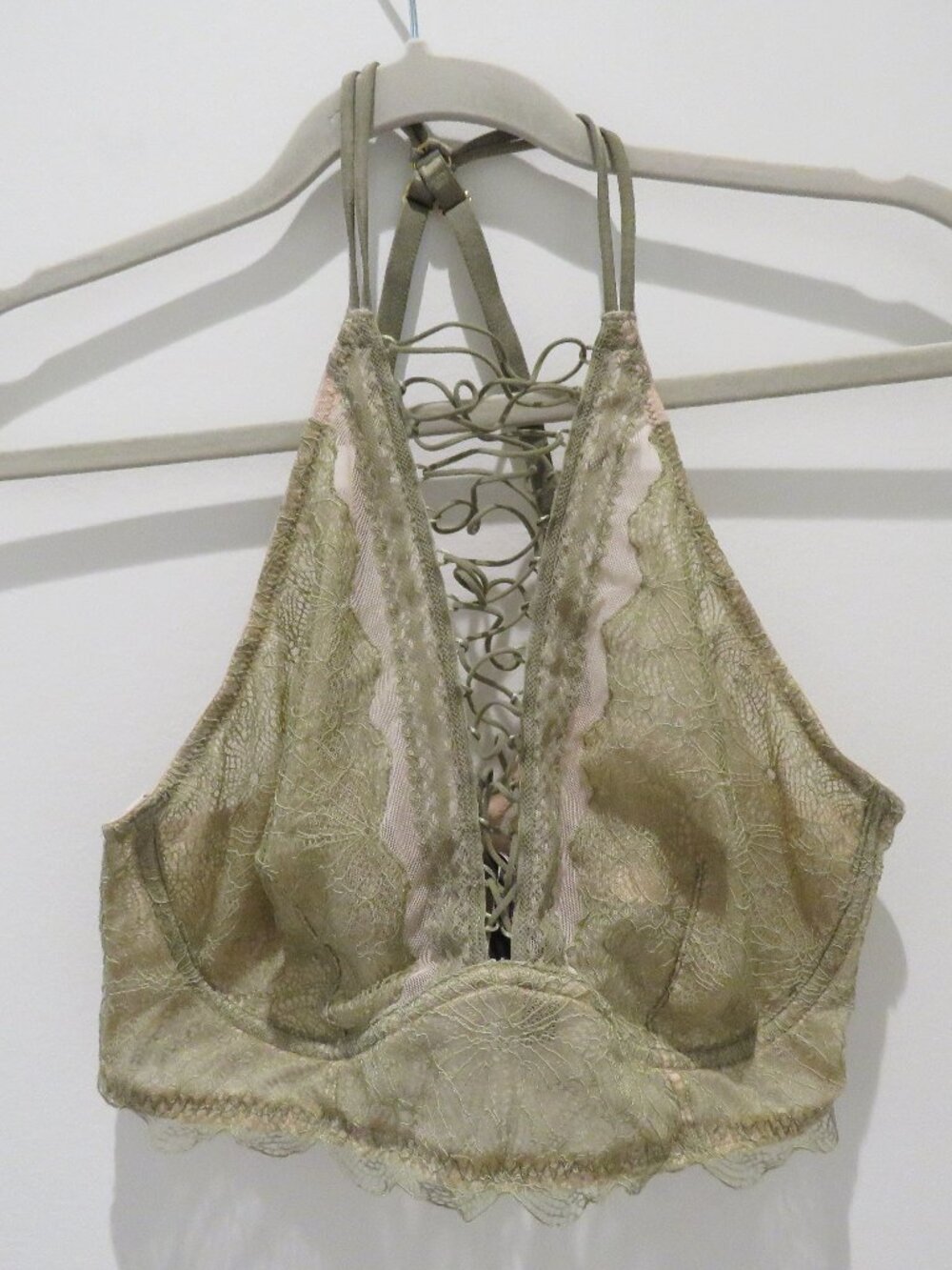VICTORIA'S SECRET Very Sexy High Neck Lace Up Sage Green Lace Bralette XL Fairy - Picture 4 of 13